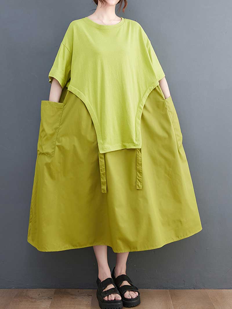Plain Cotton Short Sleeve Pocket Style Midi Dress 6