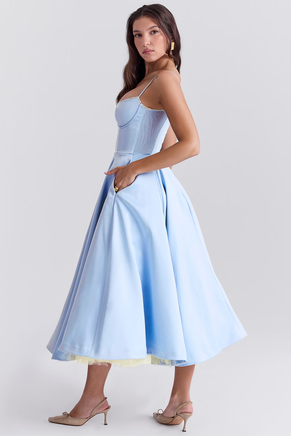 Spaghetti Strap Sweetheart Lace Trim Corset A-Line Midi Dress - View 3