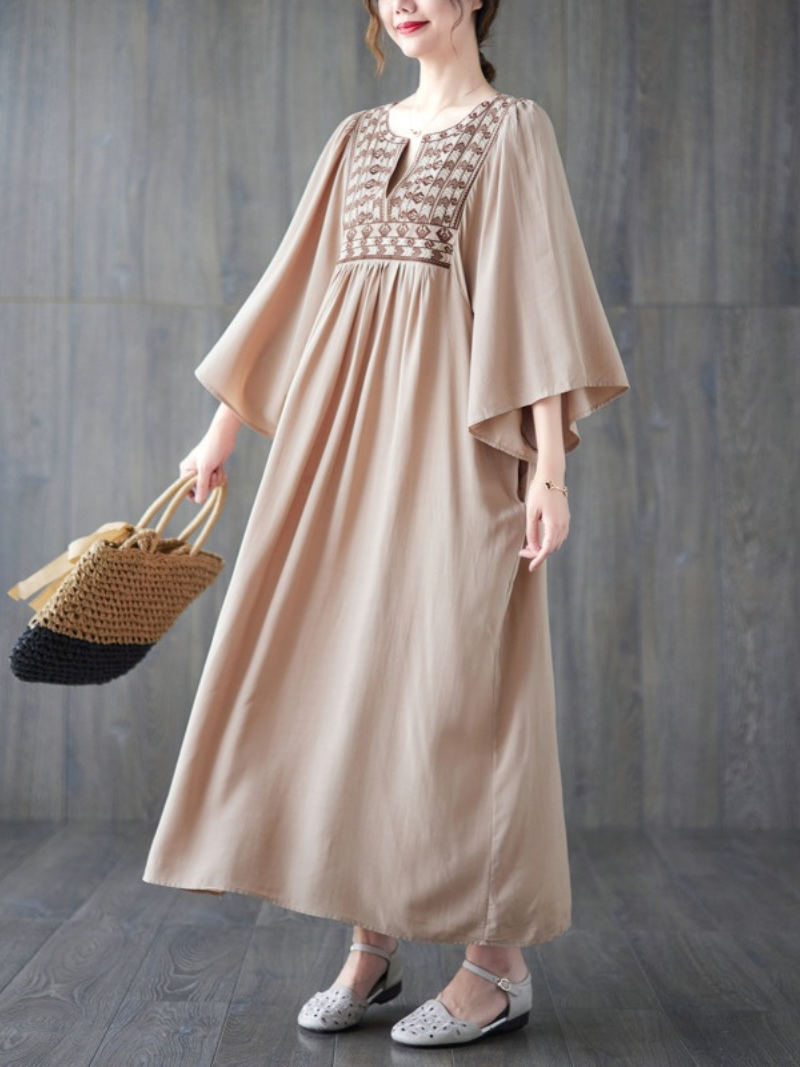 Embroidered Yoke Split-Neck Flared Sleeve Pleated Maxi Dress 5