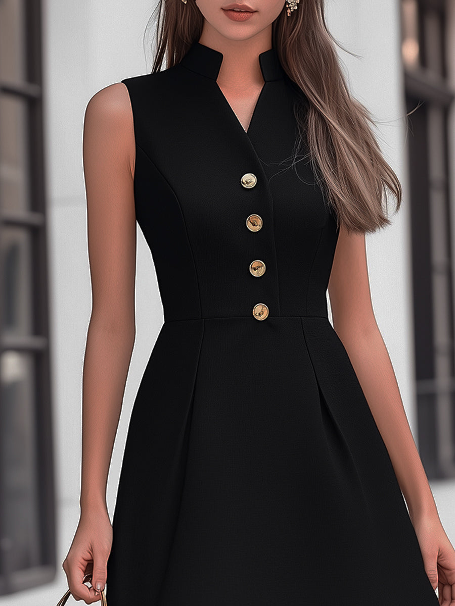 Chic Sleeveless Black Dress With Mandarin Collar And Gold Buttons