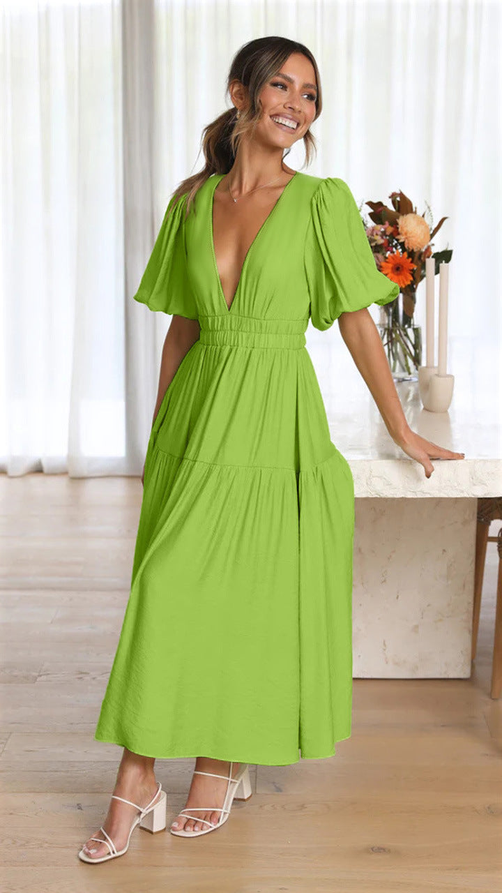 Plunge Neck Puff Sleeve Smocked Waist Tiered Midi Dress 5