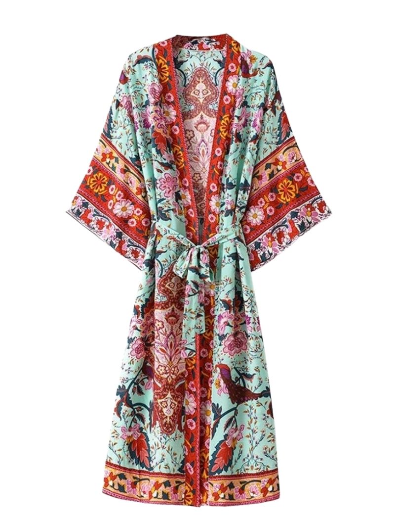 Nightwear Floral Print Green Color Cotton Long Length Gown Kimono Robe - Fashionpara