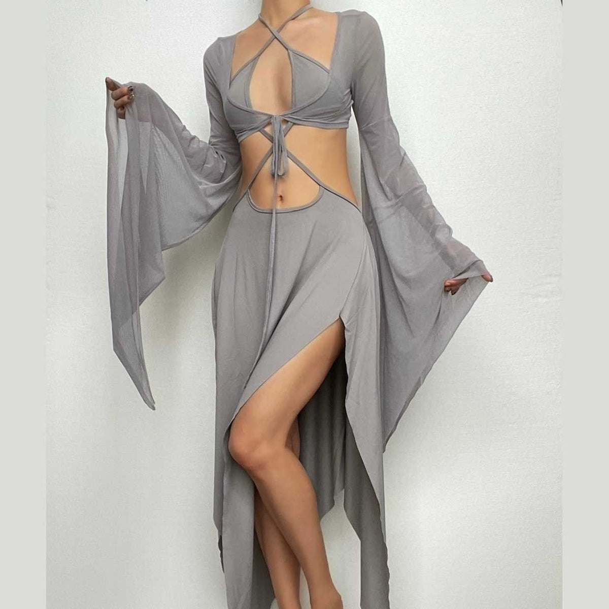 Mesh Halter Neck Flared Sleeve Cut Out High Split Midi Dress - View 10