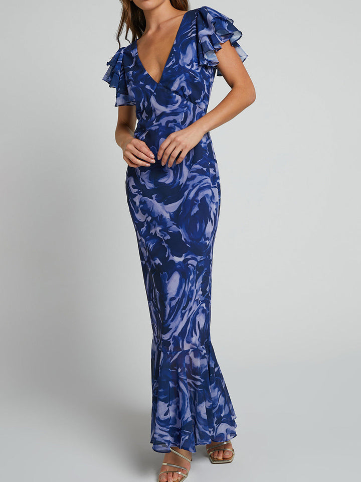 V Neck Flutter Sleeve Maxi Dress In Navy Swirl - Fashionpara