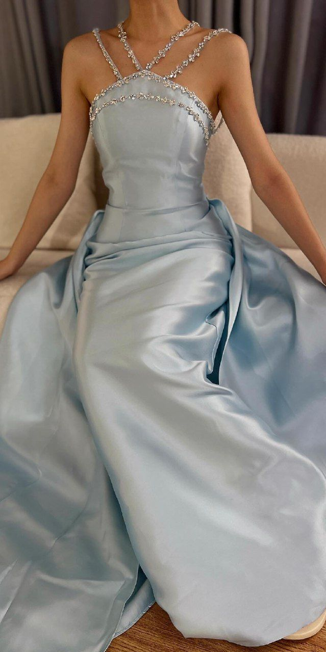Gorgeous Blue Sleeveless Satin Beaded Mermaid Long Prom Dress Evening Gown D1080