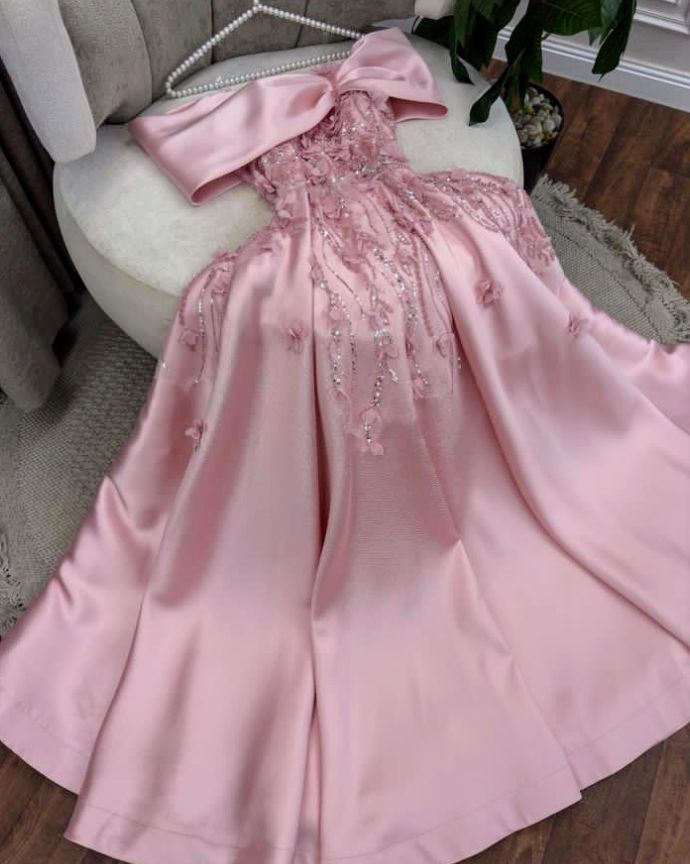 Elegant Pink Off The Shoulder Satin Beaded Appliques A Line Long Party Dress Birthday Prom Dress D1207
