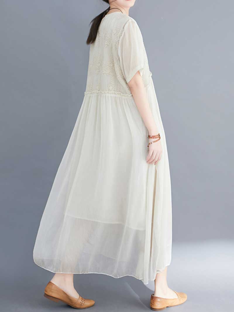 Embroidered Silk Round-Neck A-Line Dress - Fashionpara