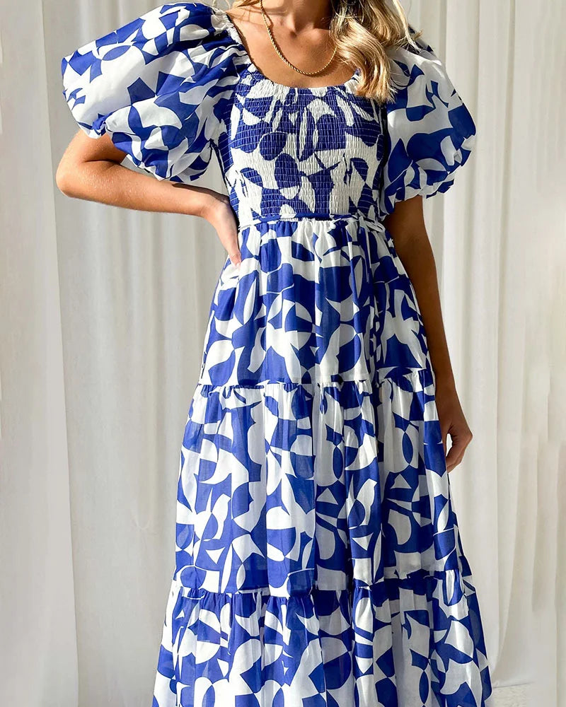 Elegant printed one-shoulder puff-sleeve dress - Fashionpara