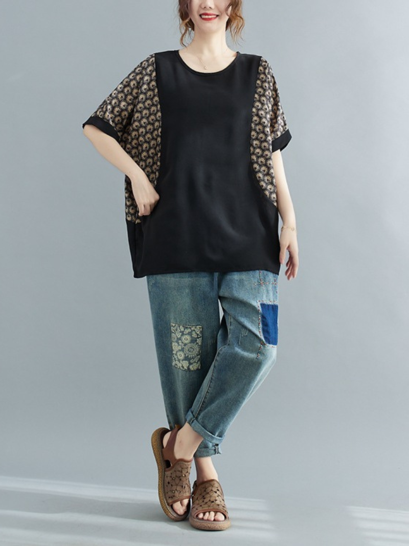 Look At The Sky Round Neck Loose Top - Fashionpara