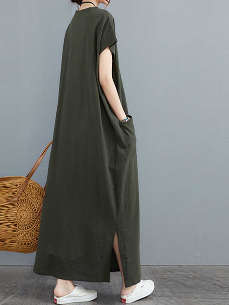 Hemp Material Plain Short Sleeves With Double Side Pocket A-Line Dress - Fashionpara