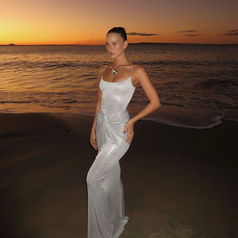 Shimmer Scoop-Neck Spaghetti-Strap Ruched Maxi Dress 6