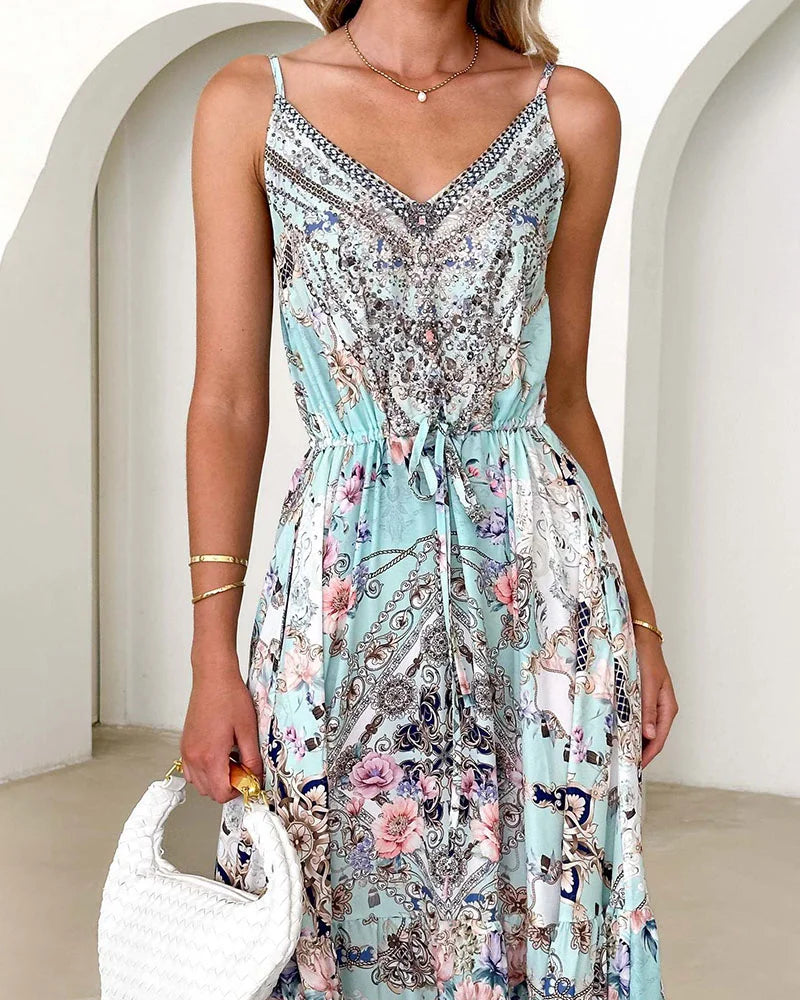 V-neck sexy printed suspender dress - Fashionpara