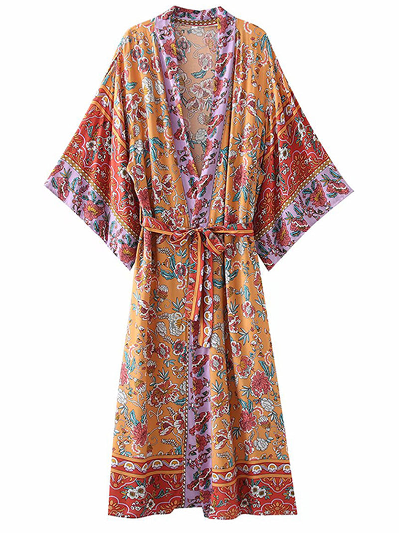 Plant Flowers Print Orange Color Cotton Long Length Gown Kimono Duster Robe - Fashionpara