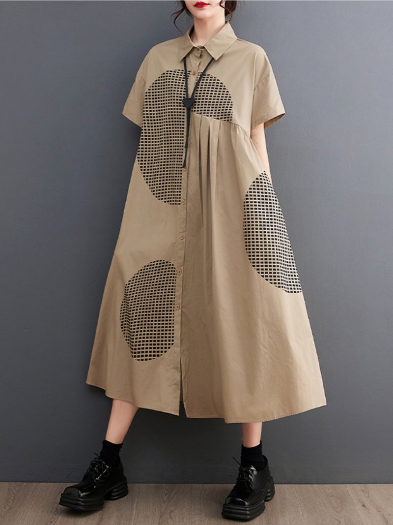 Checked Dot Collared Short Sleeve A-Line Midi Dress 5