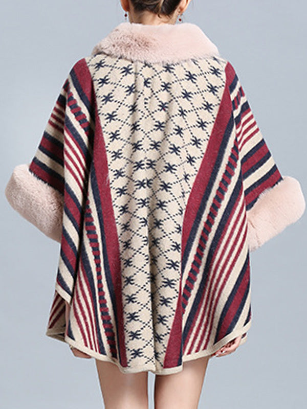 Stripe Bordeus Fluffy Neck Plus Size Cape Cardigan 8