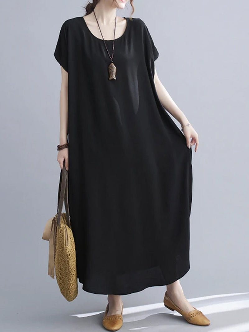 Cotton Round Neck Short Sleeve Cocoon Midi Dress 25