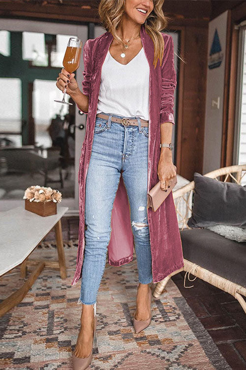 Stylish Open Front Long Sleeve Velvet Long Coat - Fashionpara