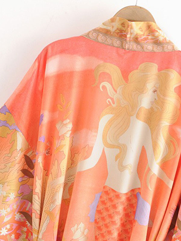 Floral Partywear Cotton Silk Kimono Orange Color Cotton Long Length Gown Robe Kimono - Fashionpara
