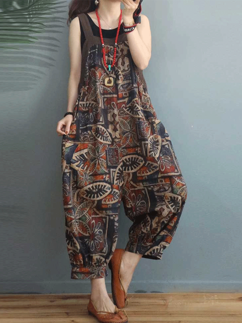 Lo Siento Ethnic Print Cotton & Linen Overall Dungaree - Fashionpara