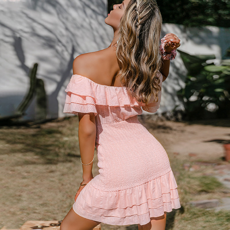 Off Shoulder Ruffle Short Sleeve Smocked Tiered Mini Dress