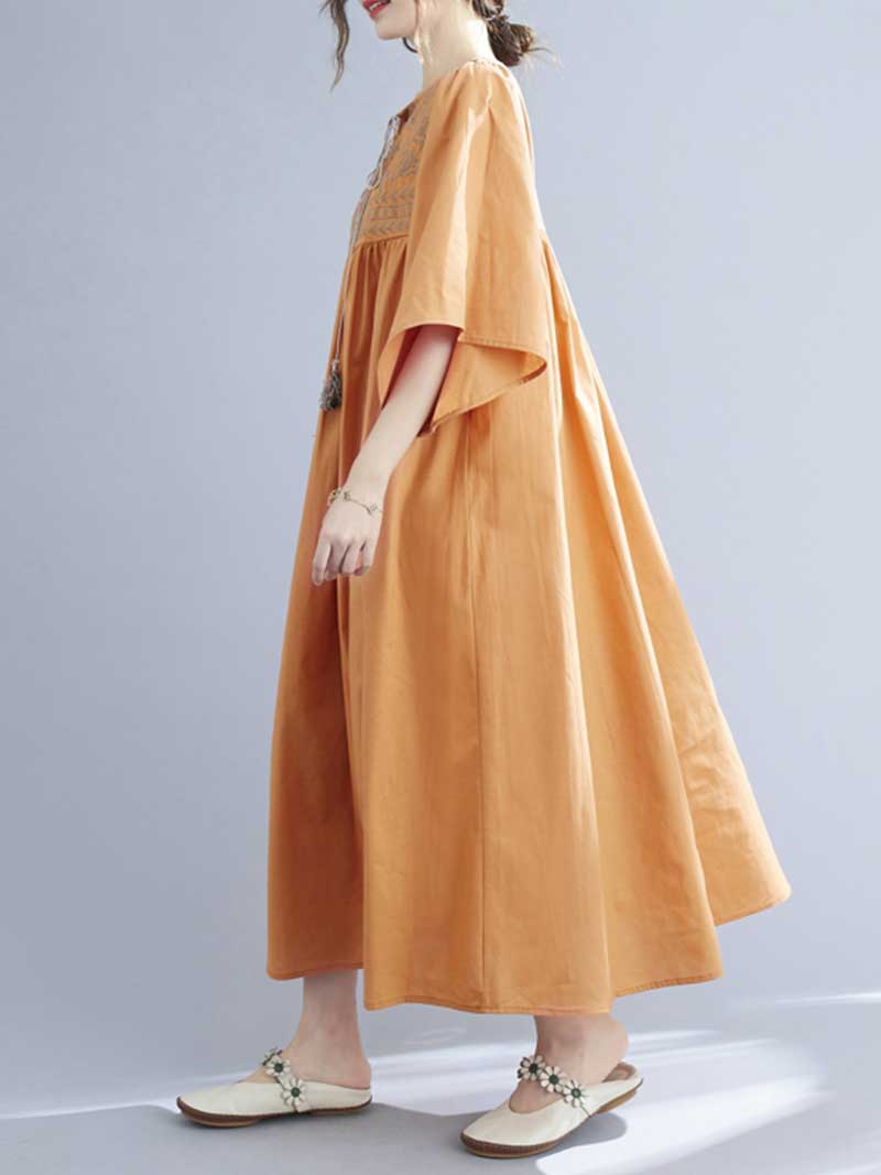 Embroidered Polyester Round-Neck A-Line Dress - Fashionpara