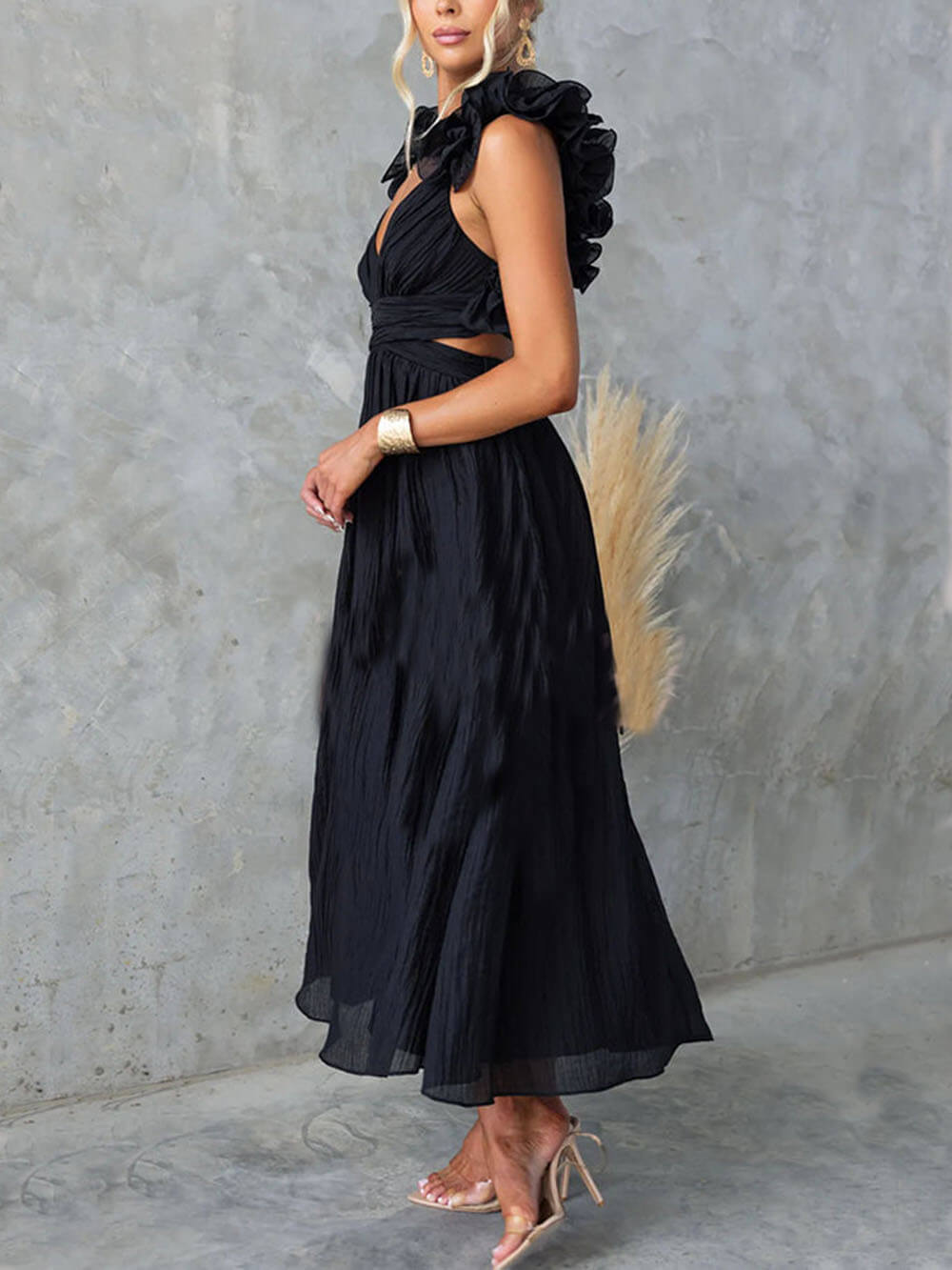 Floral Ruffle Detail Back Lace-Up Elastic Waist Maxi Dress - Fashionpara