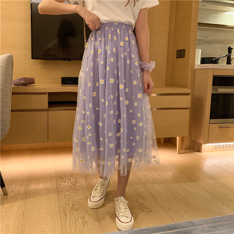 KittenAlarm - High Waist Daisy Printed Mesh Transparent A- Line Skirt