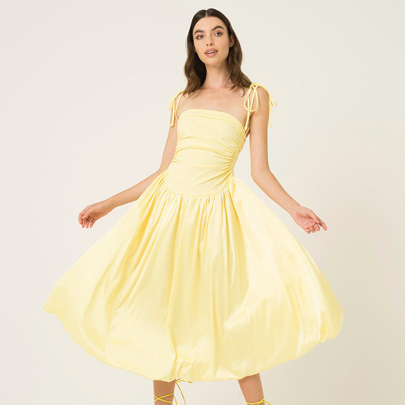 Tie-Strap Ruched Drop-Waist Bubble-Hem Midi Dress