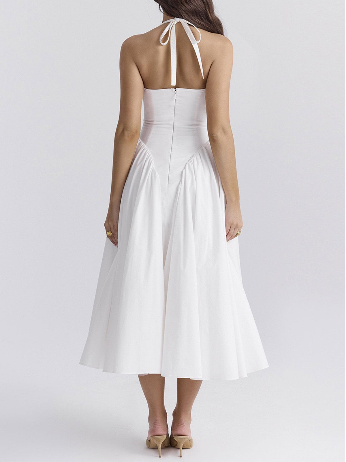 Deep V-Neck Halter Neck Gingham Pleated Midi Dress - View 7