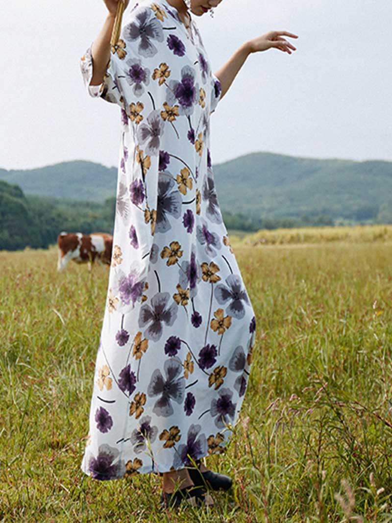 Floral Print V-Neck Half Sleeve Kaftan Maxi Dress 5