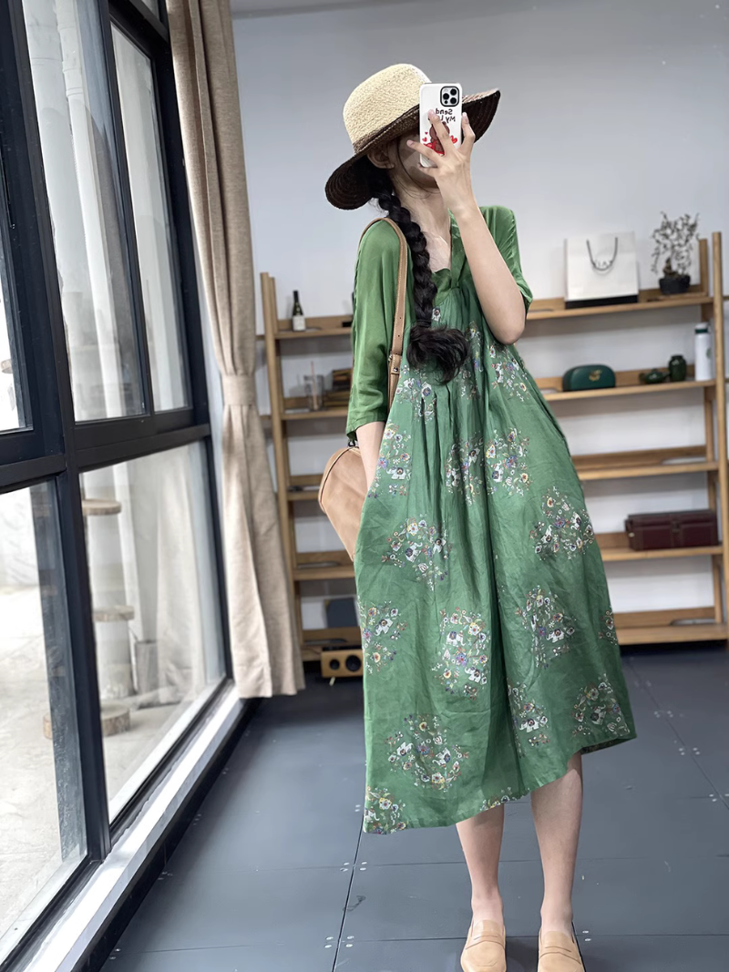 V-neck Retro Printing A-Line Dress - Fashionpara