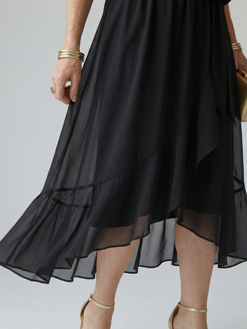 Chiffon Wrap V-Neck Flutter Sleeve Belted High Low Midi Dress 5