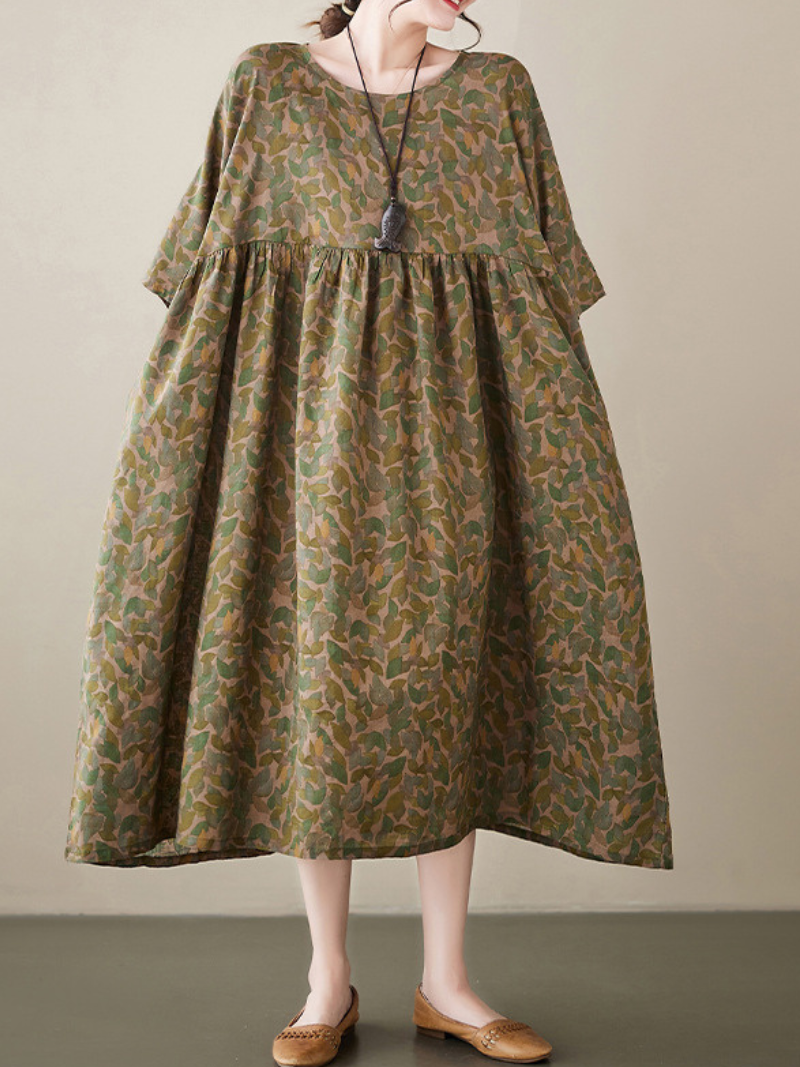 Leaf Print Round Neck Pleated Smock Midi Dress 5