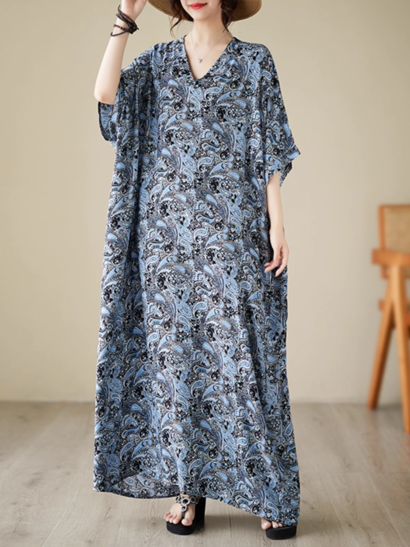 Paisley Print V-Neck Short-Sleeve Kaftan Maxi Dress 5