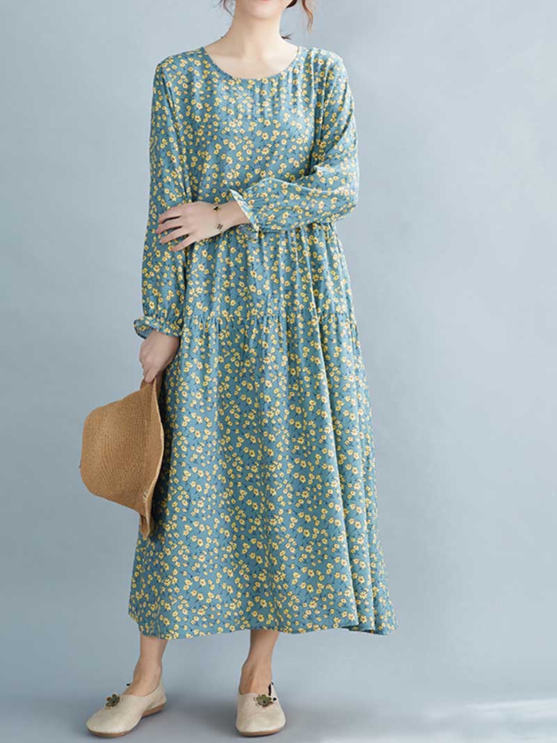 Floral Print Round Neck Short Sleeve Smock Maxi Dress 5