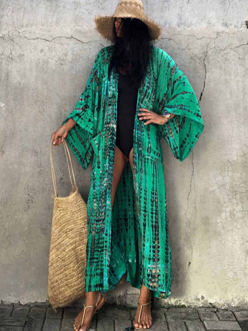 Tie-Dye Print Different Color Rayon Long Length Gown Kimono Duster Robe - Fashionpara