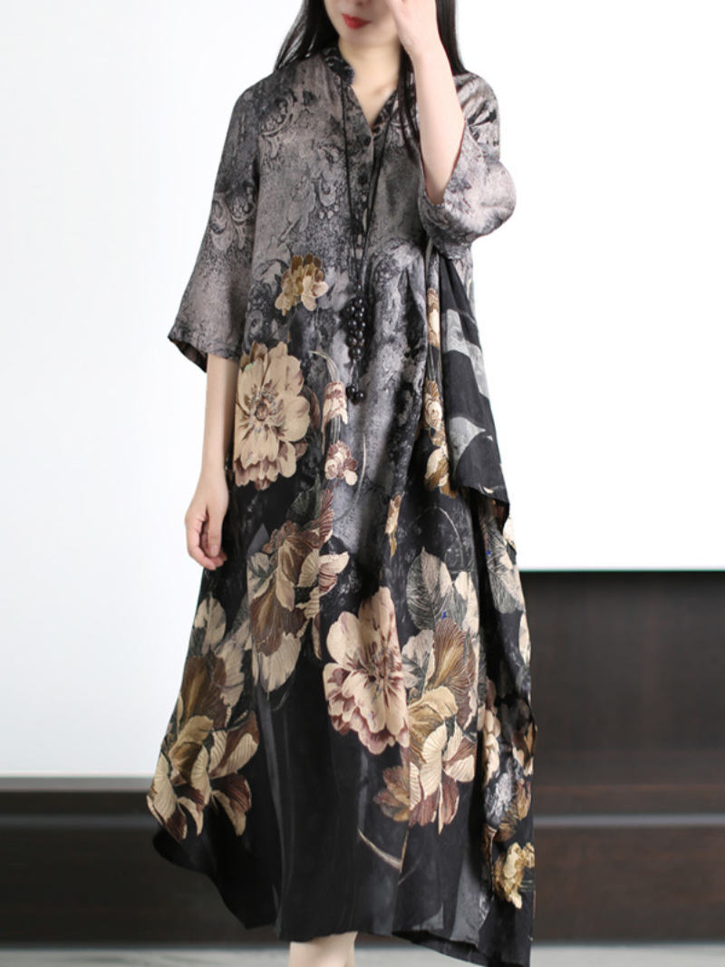 Floral Print Stand Collar Half-Sleeve A-Line Maxi Dress