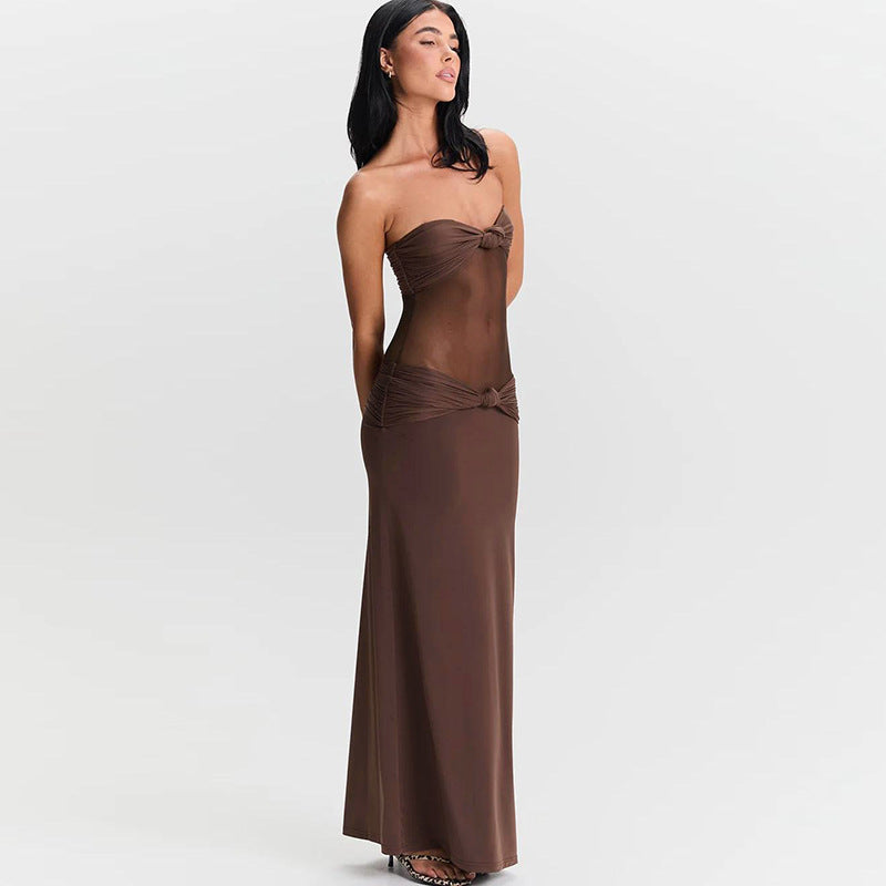 Strappy Sweetheart Mesh-Panel Knot-Front Bodycon Maxi Dress 6