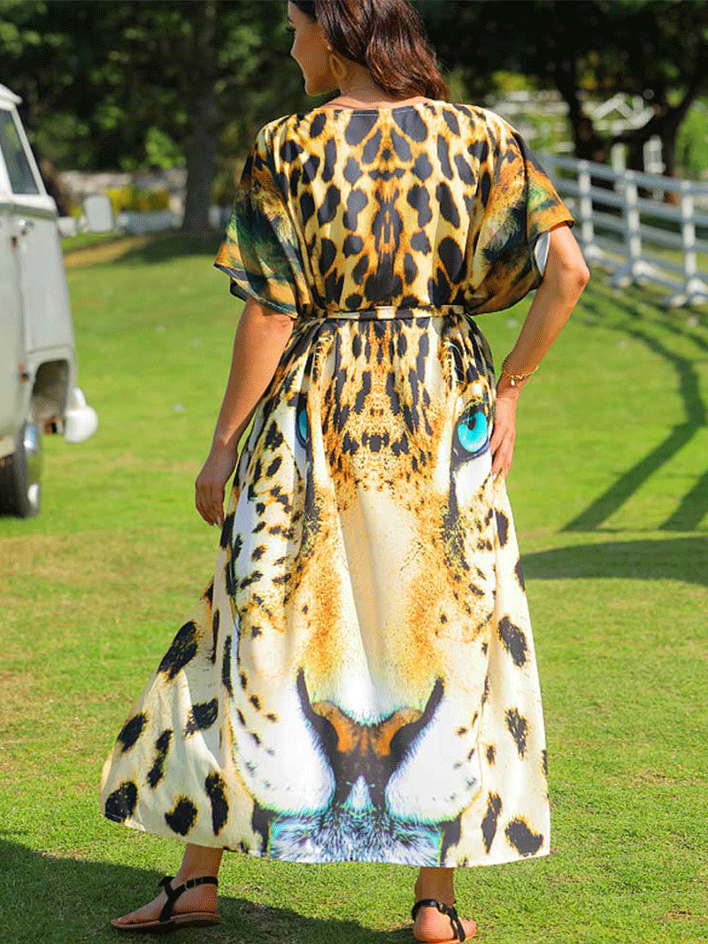 Leopard Print Yellow Leopard Color Polyester Long Length Gown Kimono Duster Robe - Fashionpara