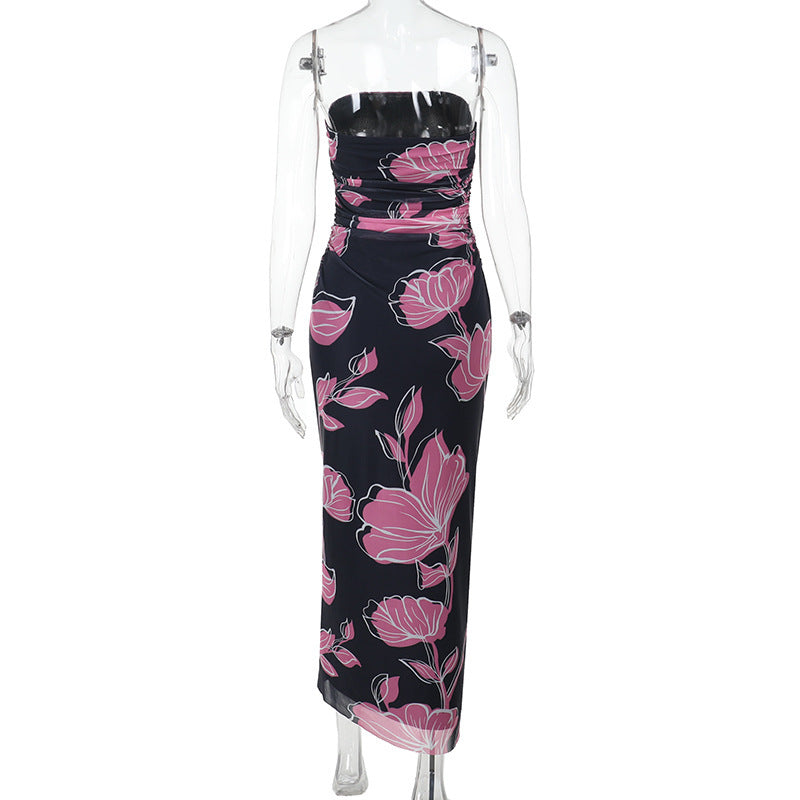 Floral Print Strapless Ruched Bodycon Maxi Dress 6