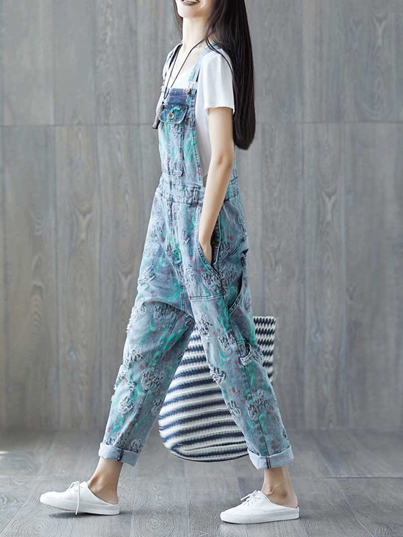 Reality Is Wrong Ripped Printed Straps Denim Overall Dungarees - Fashionpara