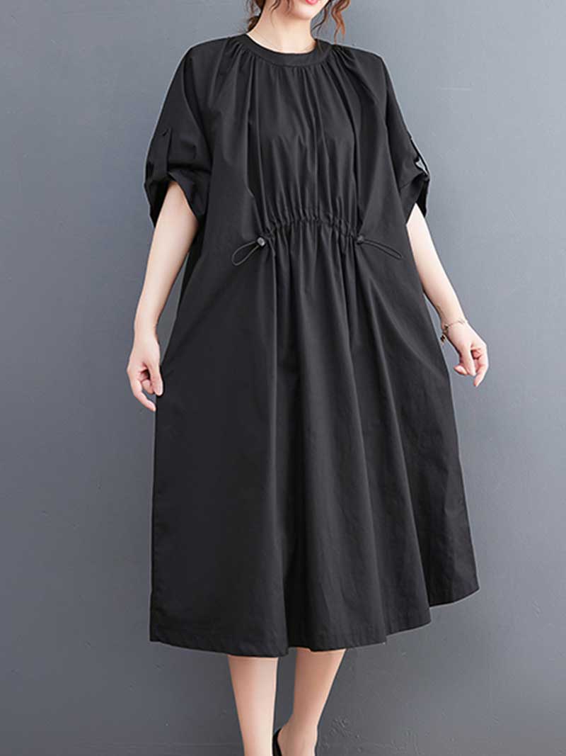 Plain Cotton Short Sleeve A-Line Dress - Fashionpara