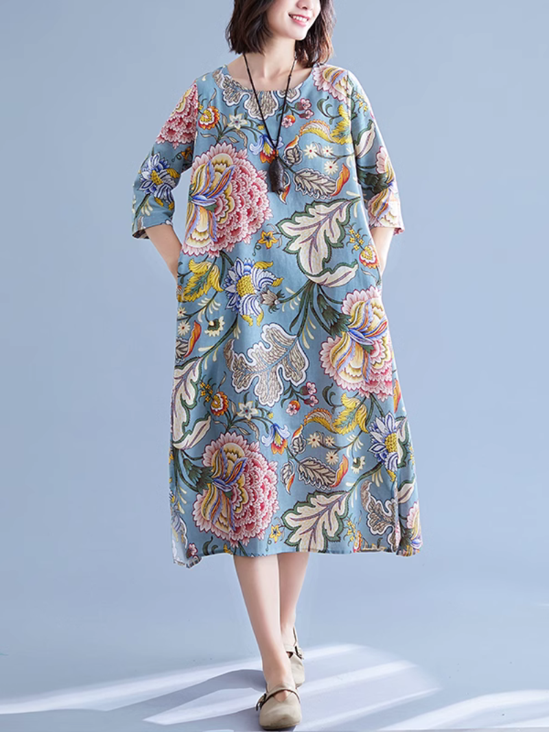 Floral Print Round Neck Half Sleeve A-Line Midi Dress 6