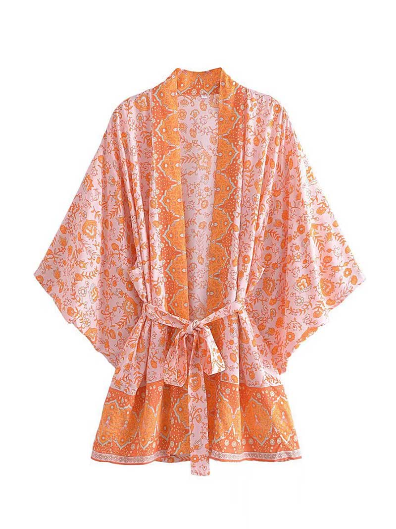 Short Floral Print Brown, Purple Orange Color Cotton Short Length Gown Kimono Duster Robe - Fashionpara