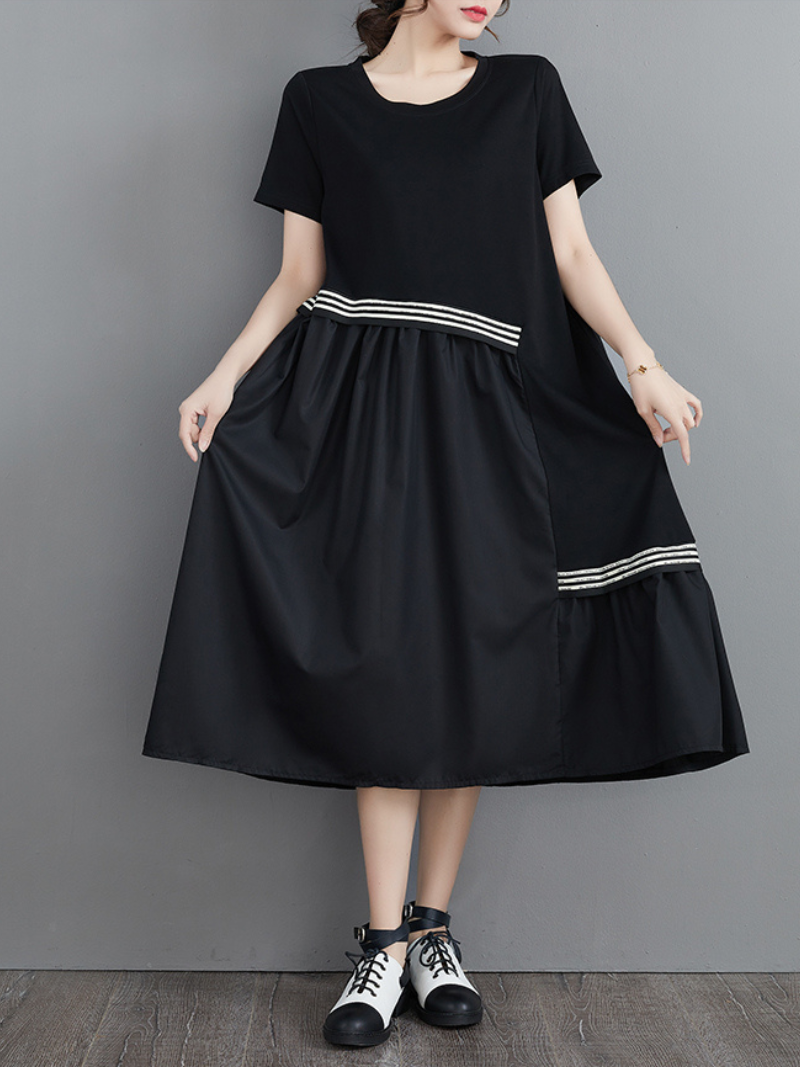 Striped-Trim Round Neck Short Sleeve Tiered Midi Dress 5