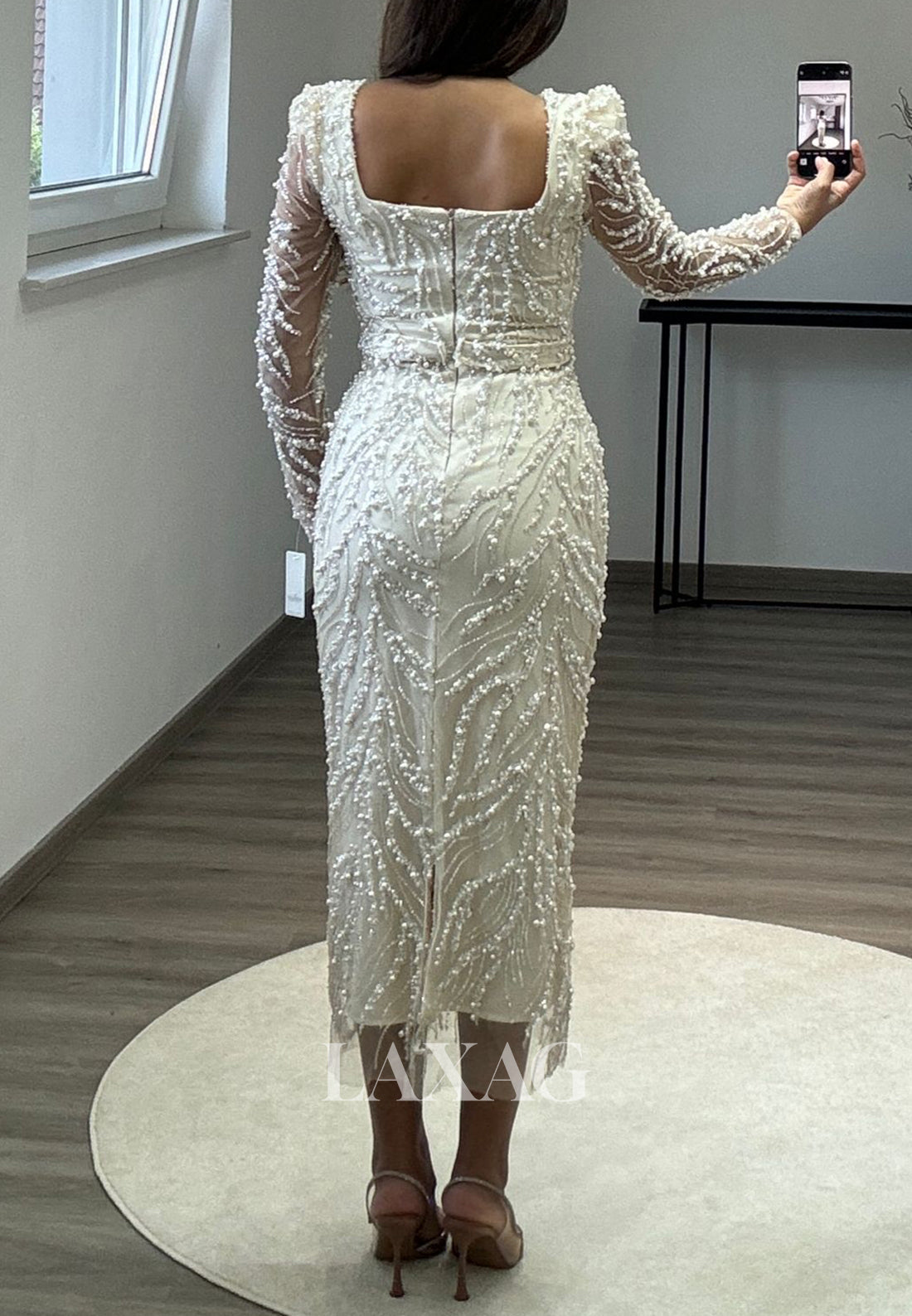 Square-Neck Long Sleeves Midi Mermaid Prom Dress Fully Sequined Beaded Pleated Evening Gowns