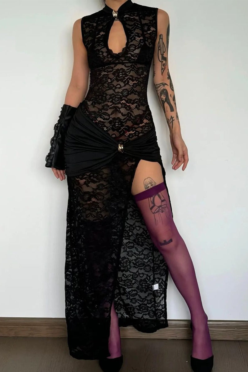 Lace High Neck Keyhole Sleeveless High Slit Gown 4