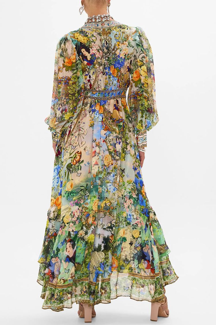 Printed V-neck Long-sleeved Puff Sleeve Waist Maxi Dress - Fashionpara