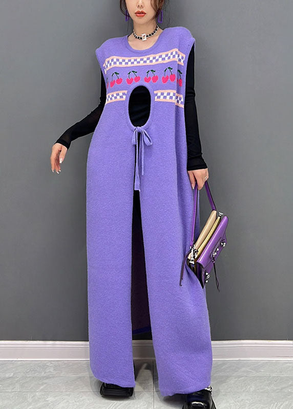 Knit Cherry Print Checkerboard Sleeveless Cut Out Maxi Dress - View 2