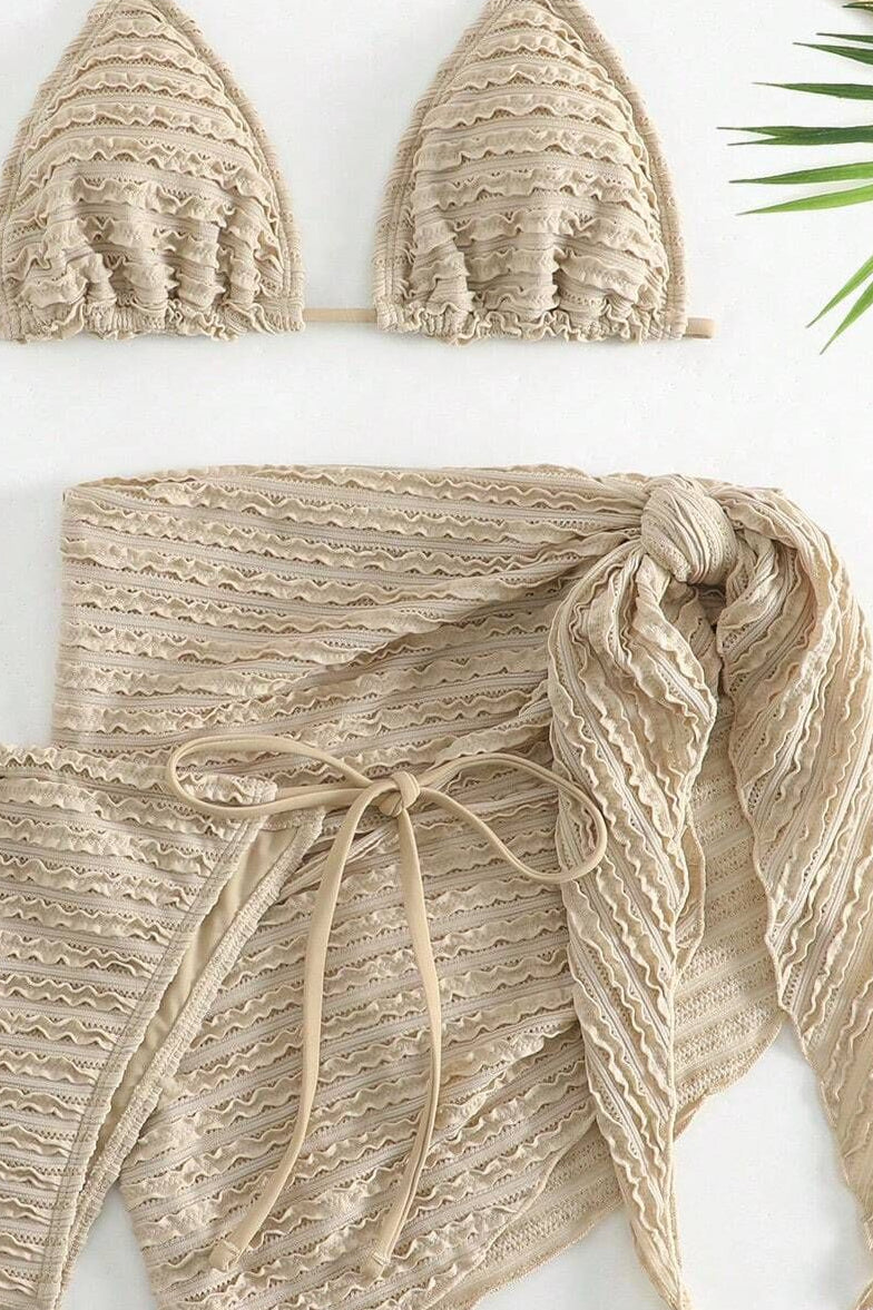 Solid Mesh Skirt Bikini Three Piece Swim Set